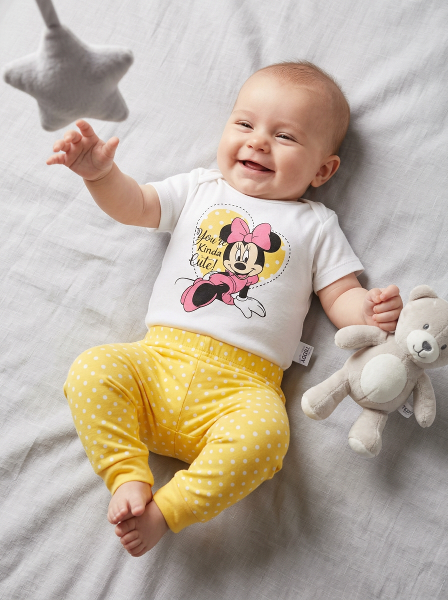 Komplet biały body baby z myszką + spodnie żółte w kropki